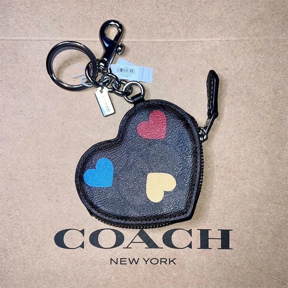 COACH Heart Bag Charm Coin Pouch & Keychain CP371 Multicolor Heart Print NWT